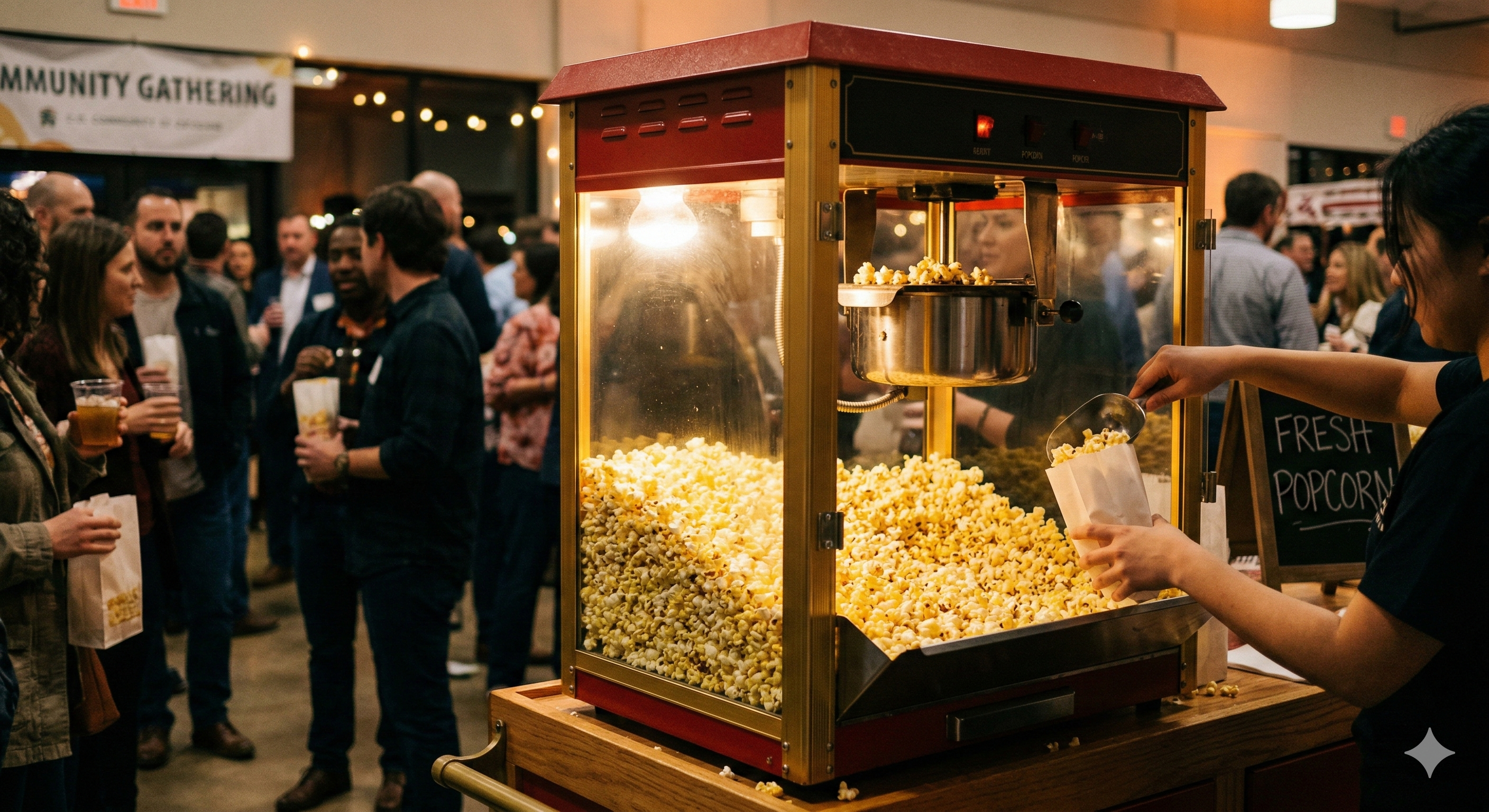 Vintage-style popcorn machine filled with fresh popcorn at an event